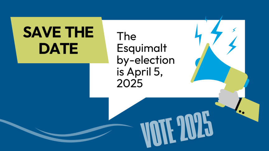 speech bubble with text the esquimalt by-election is april 5 2025