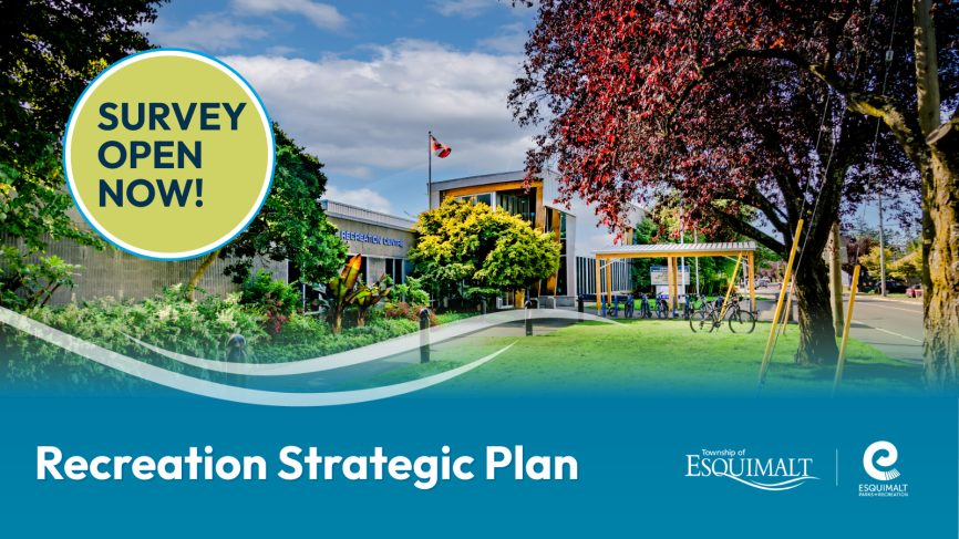 photo of esquimalt recreation centre with text "survey open now"