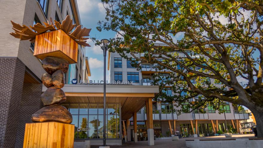 public library next to wooden statue in plaza