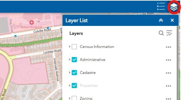 GIS map with layer function circled in red